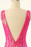 Lentejuelas fucsia cuello en V Ajustado Vestido de regreso a casa