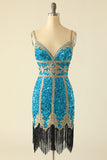 Azul Lentejuelas Vestido corto de cóctel con flecos