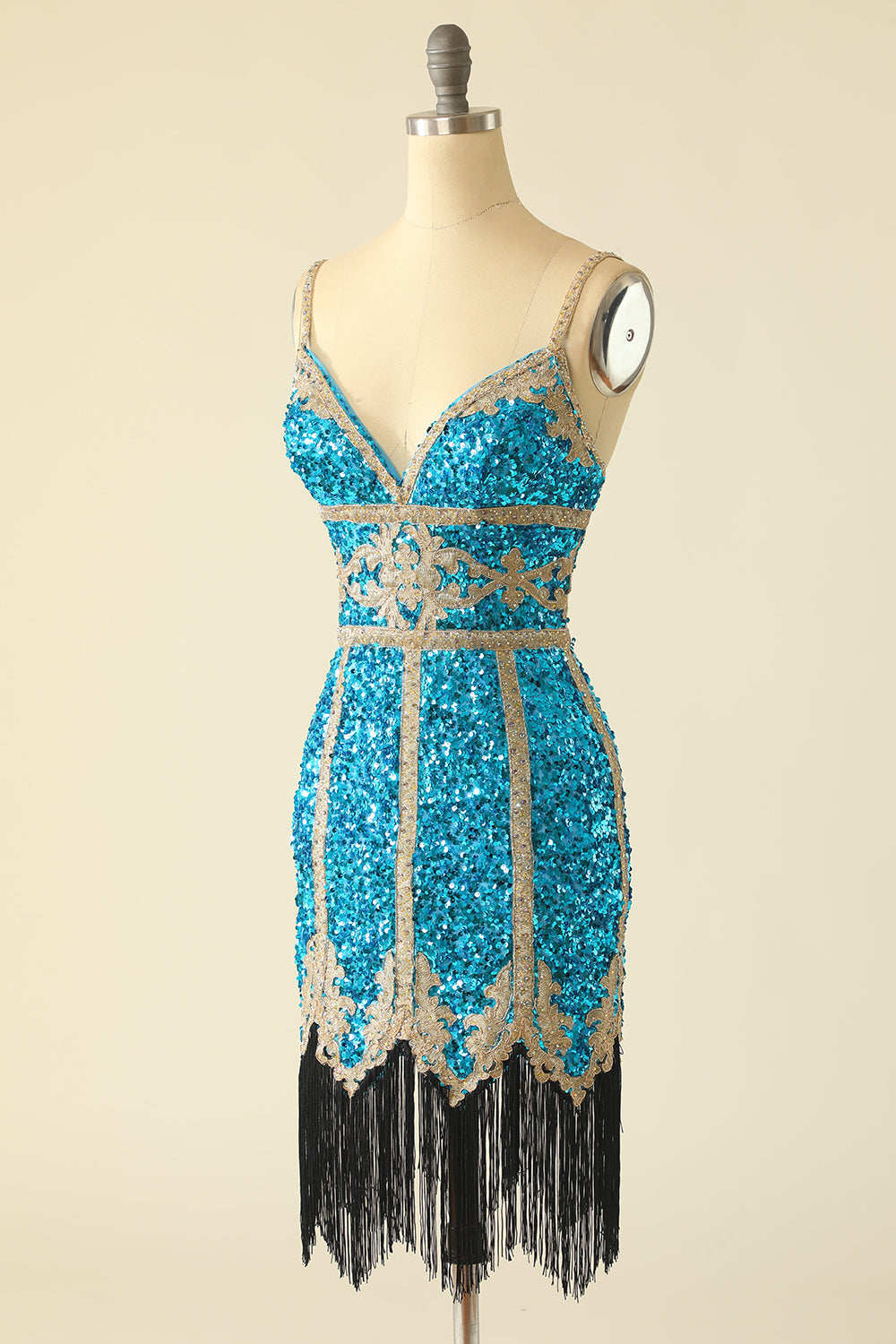 Azul Lentejuelas Vestido corto de cóctel con flecos