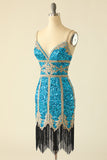 Azul Lentejuelas Vestido corto de cóctel con flecos