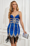 Vestido royal azul de graduación de lentejuelas con flecos