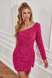 Fucsia Lentejuelas Ajustado Vestido de Graduación con un manga