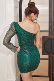 Un Hombro Vestido de Cóctel Verde Oscuro