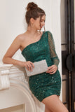 Un Hombro Vestido de Cóctel Verde Oscuro