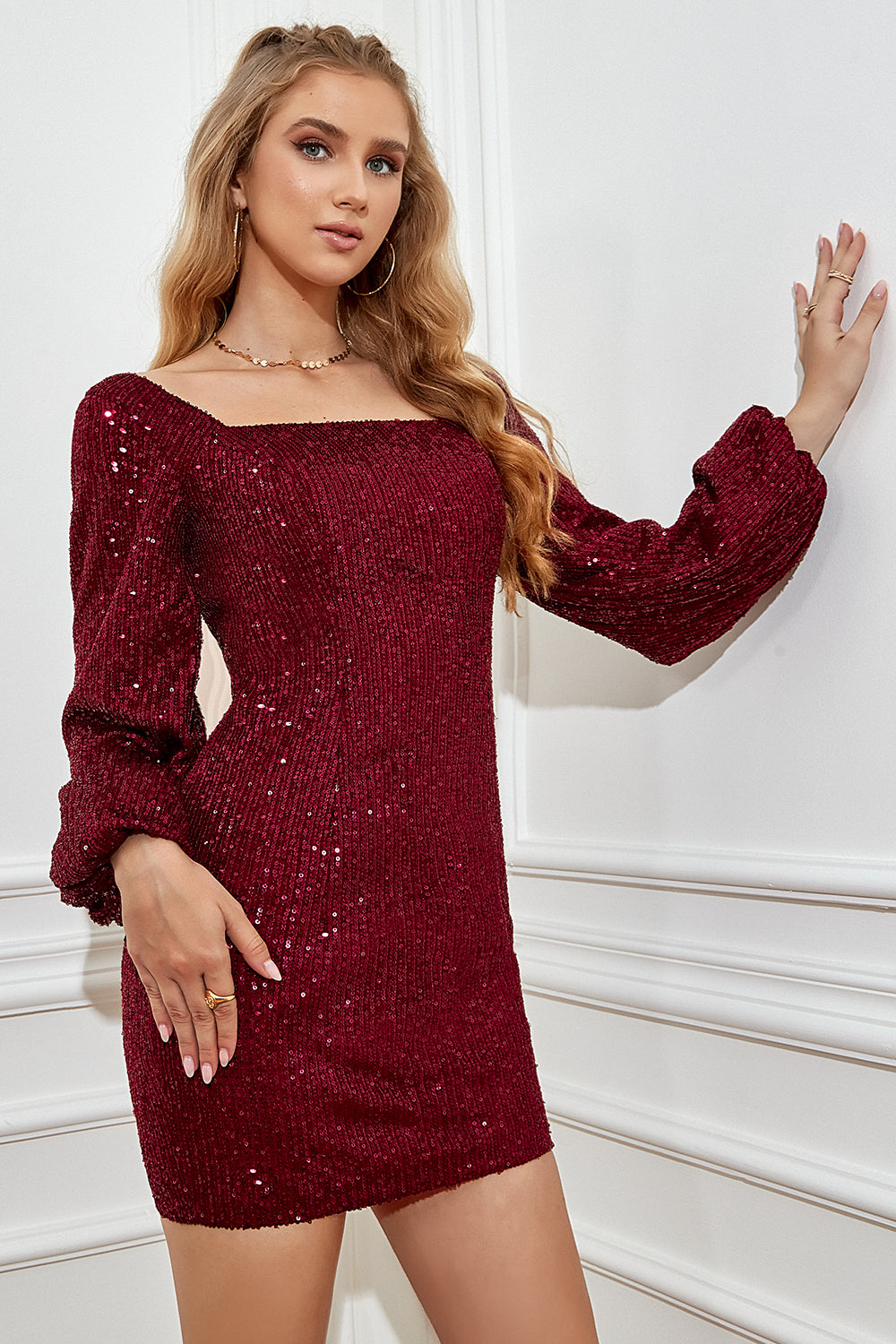 Borgoña Vestido ajustado de lentejuelas con mangas