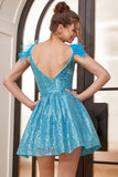 Azul Vestido de lentejuelas con plumas escote A