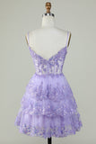 Lindo A Line Spaghetti Straps Dark Blue Sparkly Corset Homecoming Dress