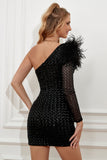 Lentejuelas Negro Ajustado Vestido de Cóctel con plumas