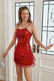 Rojo Vestido de cóctel ajustado de lentejuelas con flecos