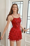 Rojo Vestido de cóctel ajustado de lentejuelas con flecos