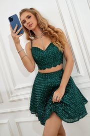 Dos piezas verde oscuro Halter Lentejuelas Vestido de cóctel