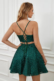 Dos piezas verde oscuro Halter Lentejuelas Vestido de cóctel