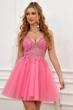 Fucsia Tirantes de Espagueti Escote A Vestido Corto de Graduación