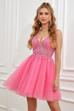Fucsia Tirantes de Espagueti Escote A Vestido Corto de Graduación