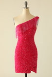 Fucsia Un Hombro LentejuelasVestido de Cóctel