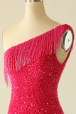 Fucsia Un Hombro LentejuelasVestido de Cóctel