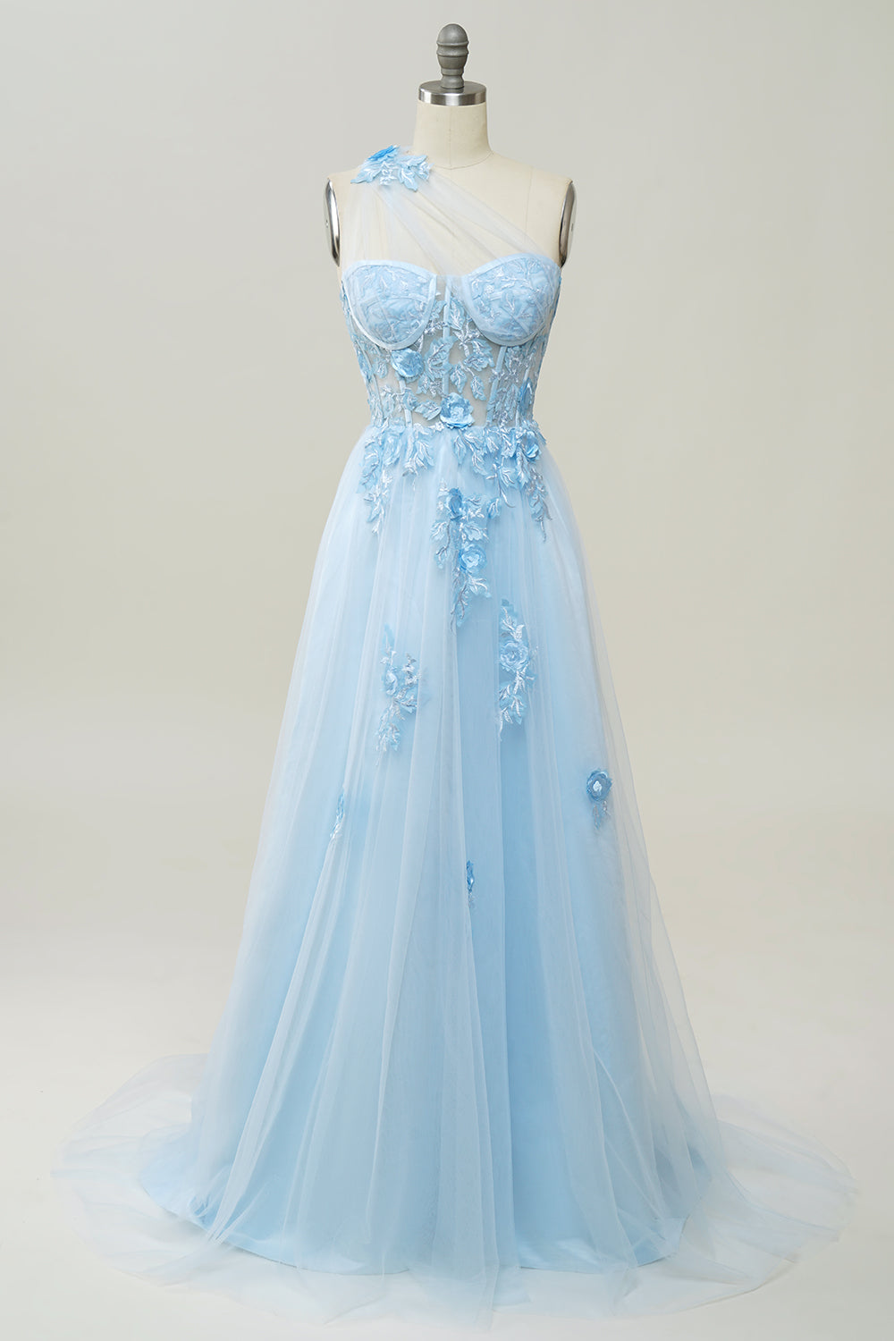 Vestido Largo de Fiesta Con Apliques Azul Cielo
