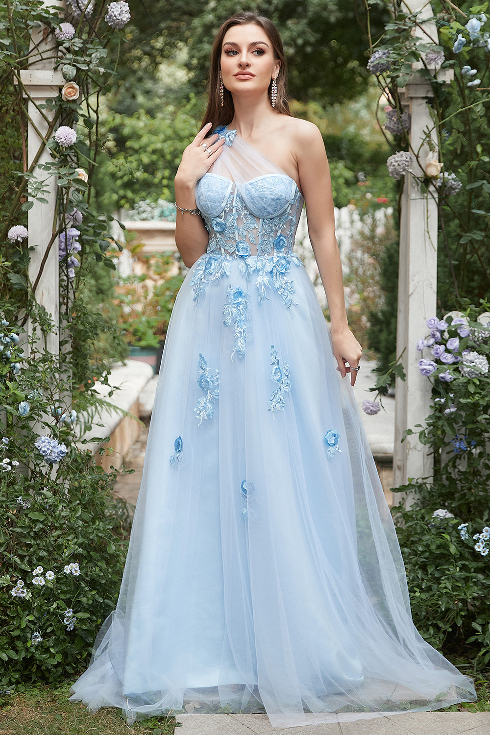 Vestido Largo de Fiesta Con Apliques Azul Cielo