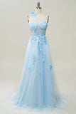 Vestido Largo de Fiesta Con Apliques Azul Cielo