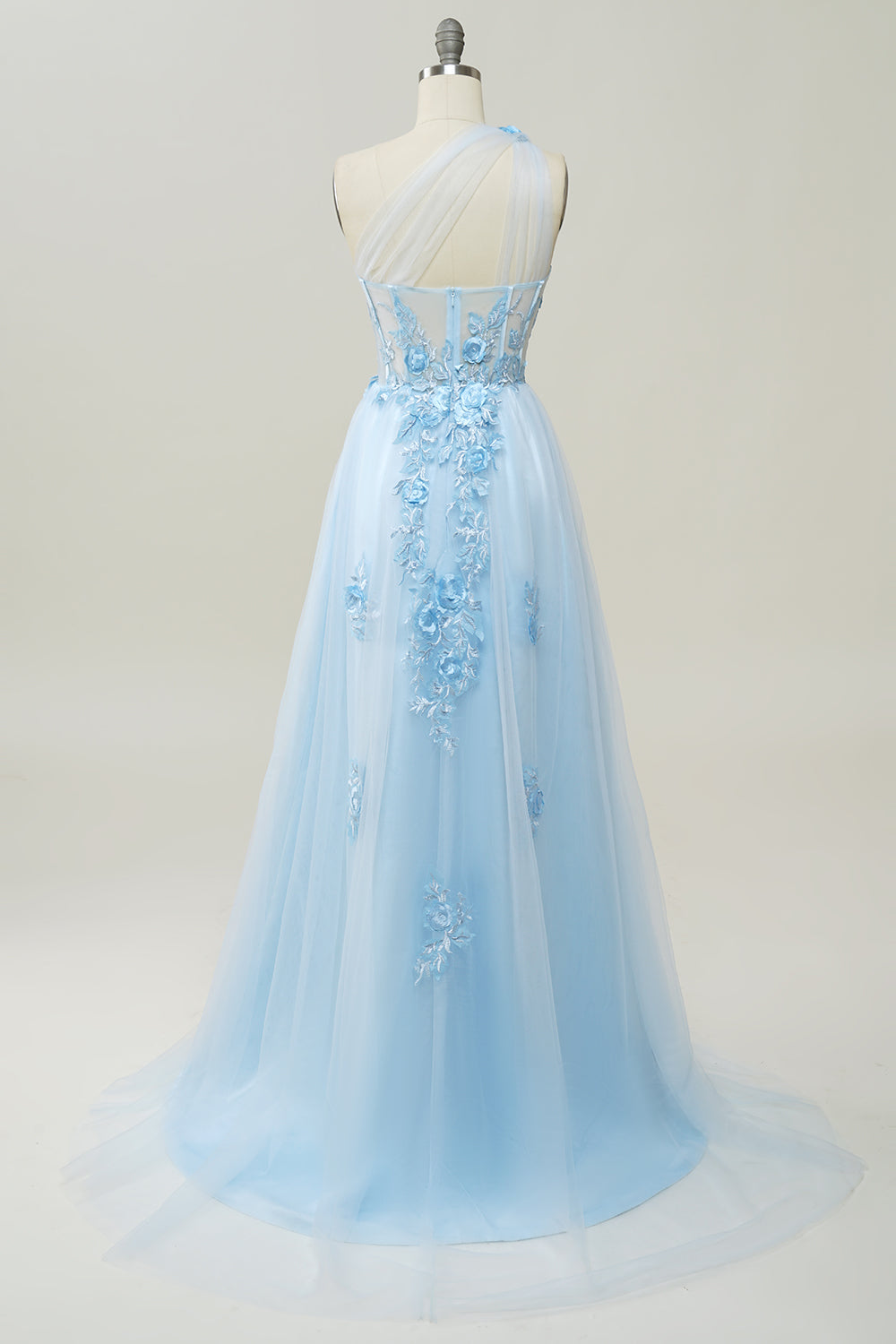 Vestido Largo de Fiesta Con Apliques Azul Cielo