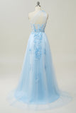 Vestido Largo de Fiesta Con Apliques Azul Cielo