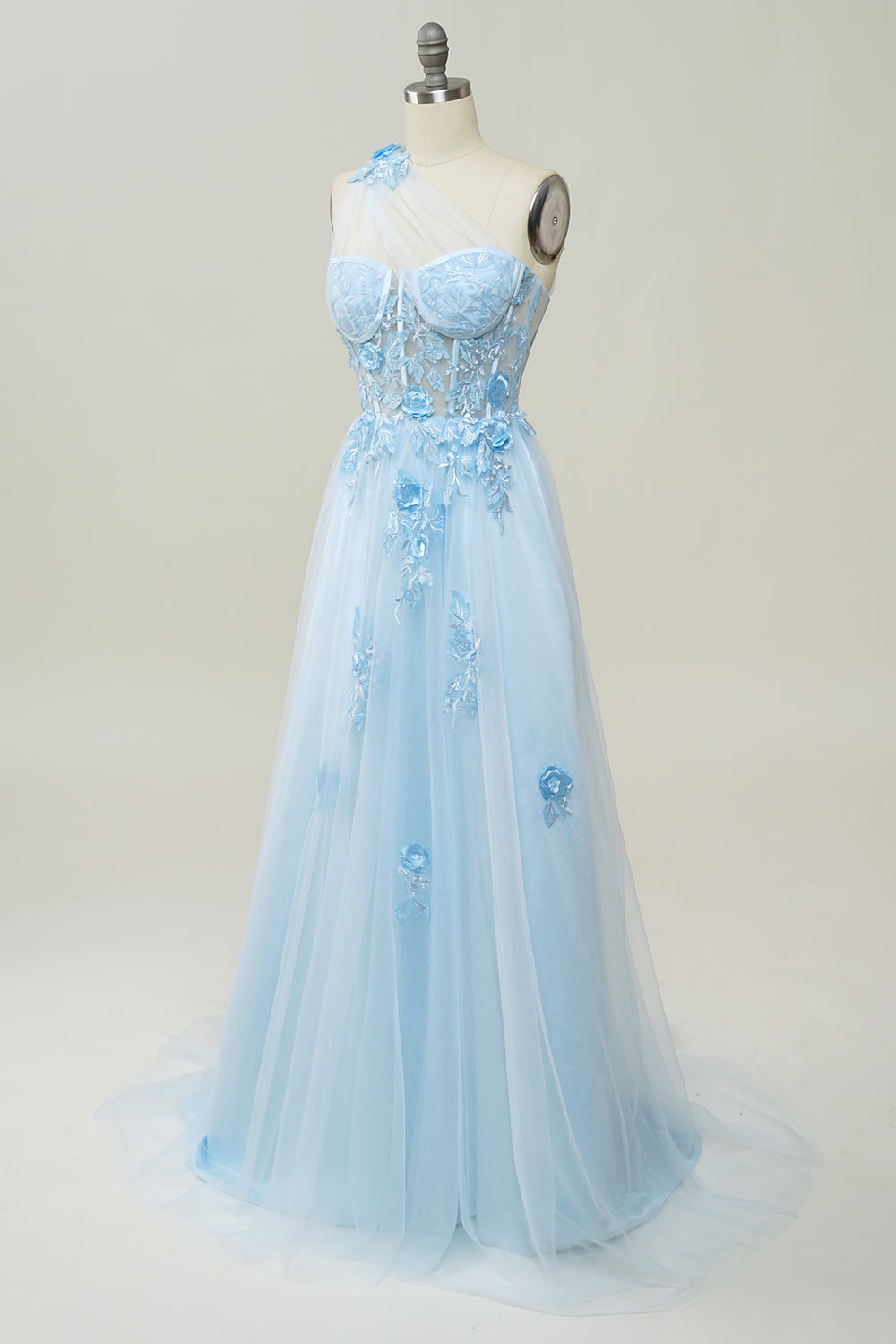 Vestido Largo de Fiesta Con Apliques Azul Cielo