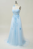 Vestido Largo de Fiesta Con Apliques Azul Cielo