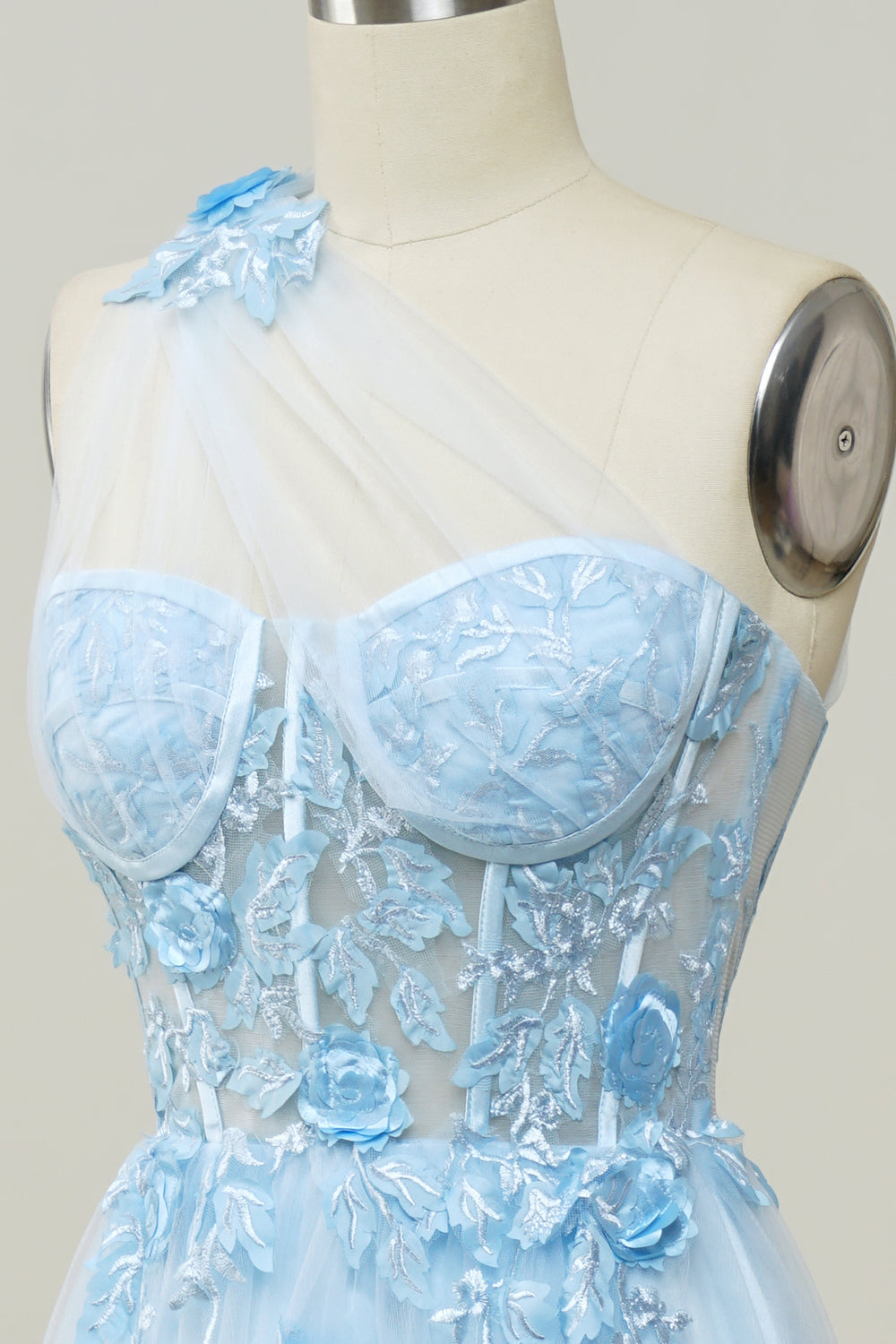 Vestido Largo de Fiesta Con Apliques Azul Cielo