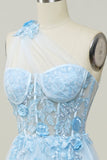Vestido Largo de Fiesta Con Apliques Azul Cielo