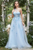 Azul Cielo A Línea Un Hombro Vestido de Fiesta con Apliques