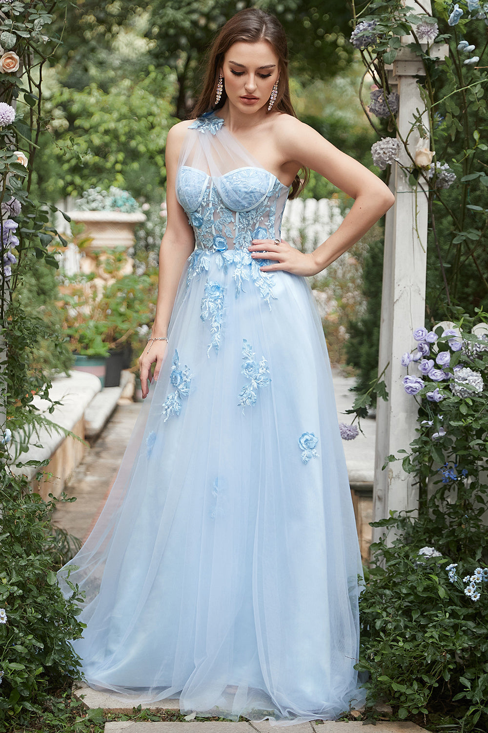 Azul Cielo A Línea Un Hombro Vestido de Fiesta con Apliques