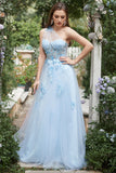 Azul Cielo A Línea Un Hombro Vestido de Fiesta con Apliques