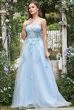 Azul Cielo A Línea Un Hombro Vestido de Fiesta con Apliques