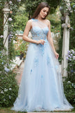 Azul Cielo A Línea Un Hombro Vestido de Fiesta con Apliques