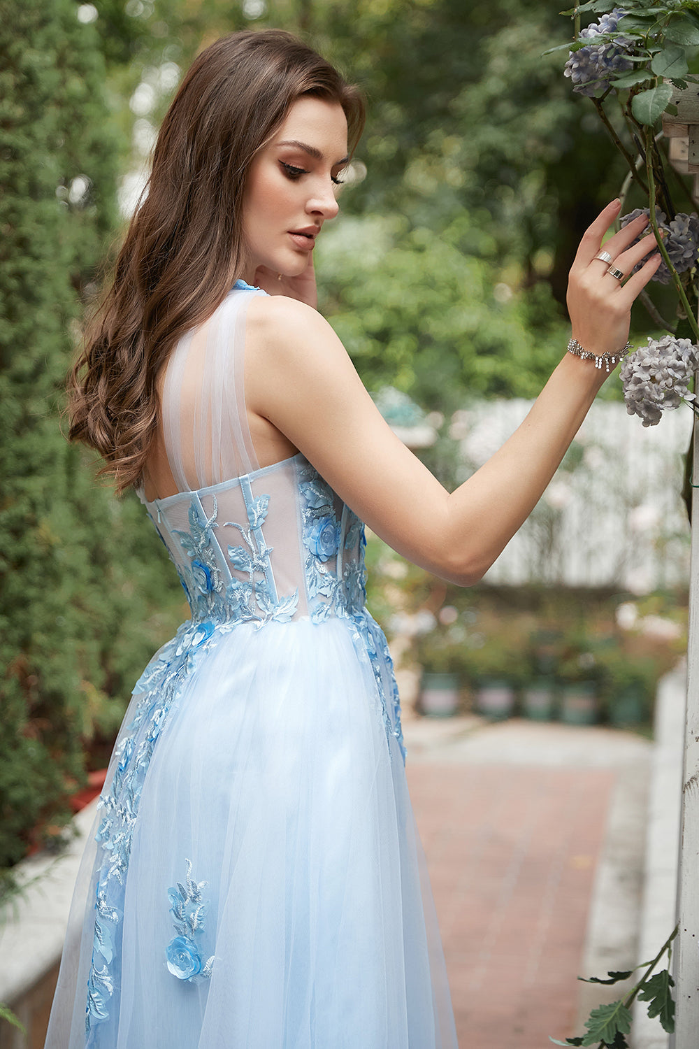 Azul Cielo A Línea Un Hombro Vestido de Fiesta con Apliques