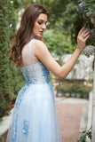Azul Cielo A Línea Un Hombro Vestido de Fiesta con Apliques