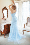 Sirena Un Hombro Azul Cielo Talla Grande Vestido de Noche Con Apliques