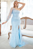 Sirena Un Hombro Azul Cielo Talla Grande Vestido de Noche Con Apliques