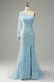 Azul Cielo Un Hombro Sirena Vestido de Fiesta Con Apliques
