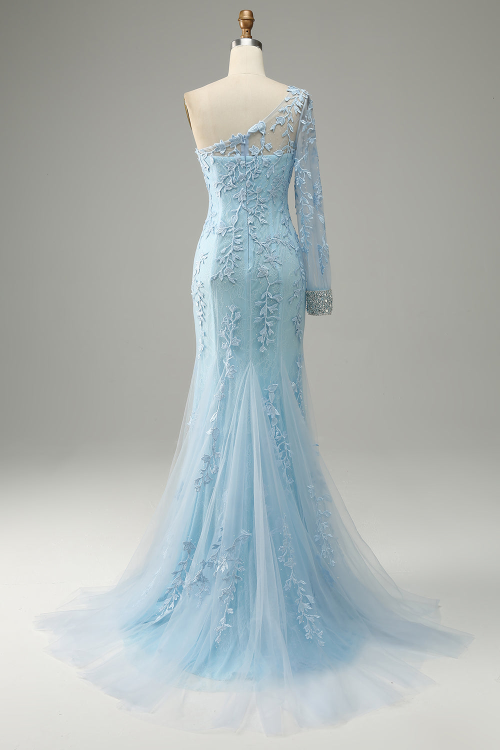 Azul Cielo Un Hombro Sirena Vestido de Fiesta Con Apliques