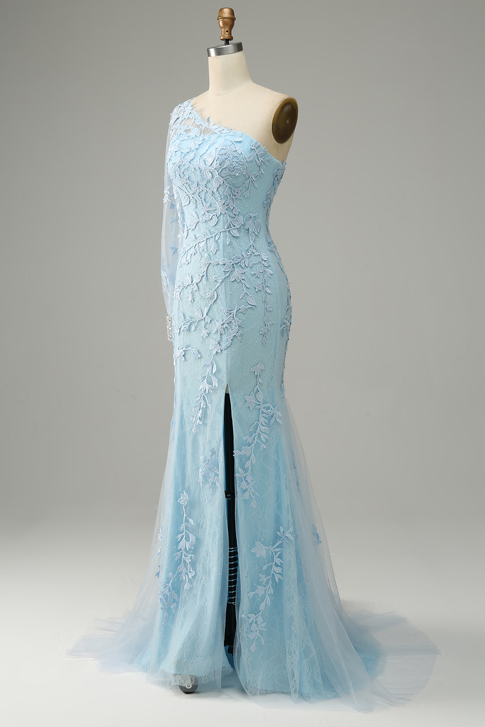 Azul Cielo Un Hombro Sirena Vestido de Fiesta Con Apliques