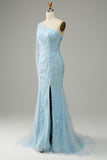 Azul Cielo Un Hombro Sirena Vestido de Fiesta Con Apliques