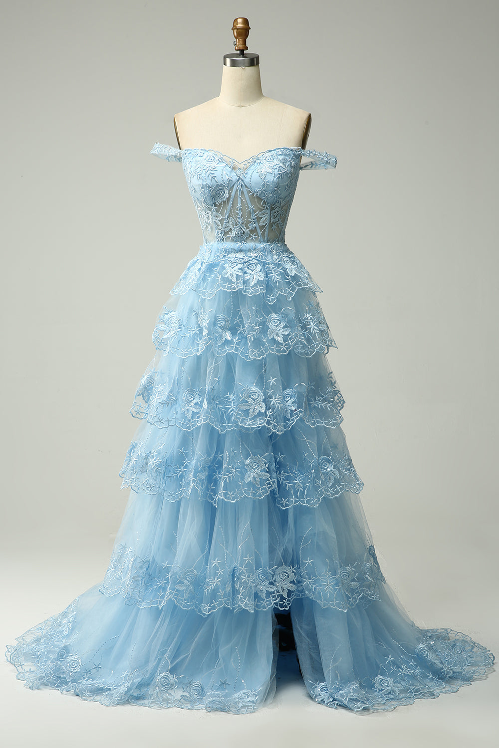 Línea A Fuera del Hombro Azul Vestido de Fiesta Con Apliques