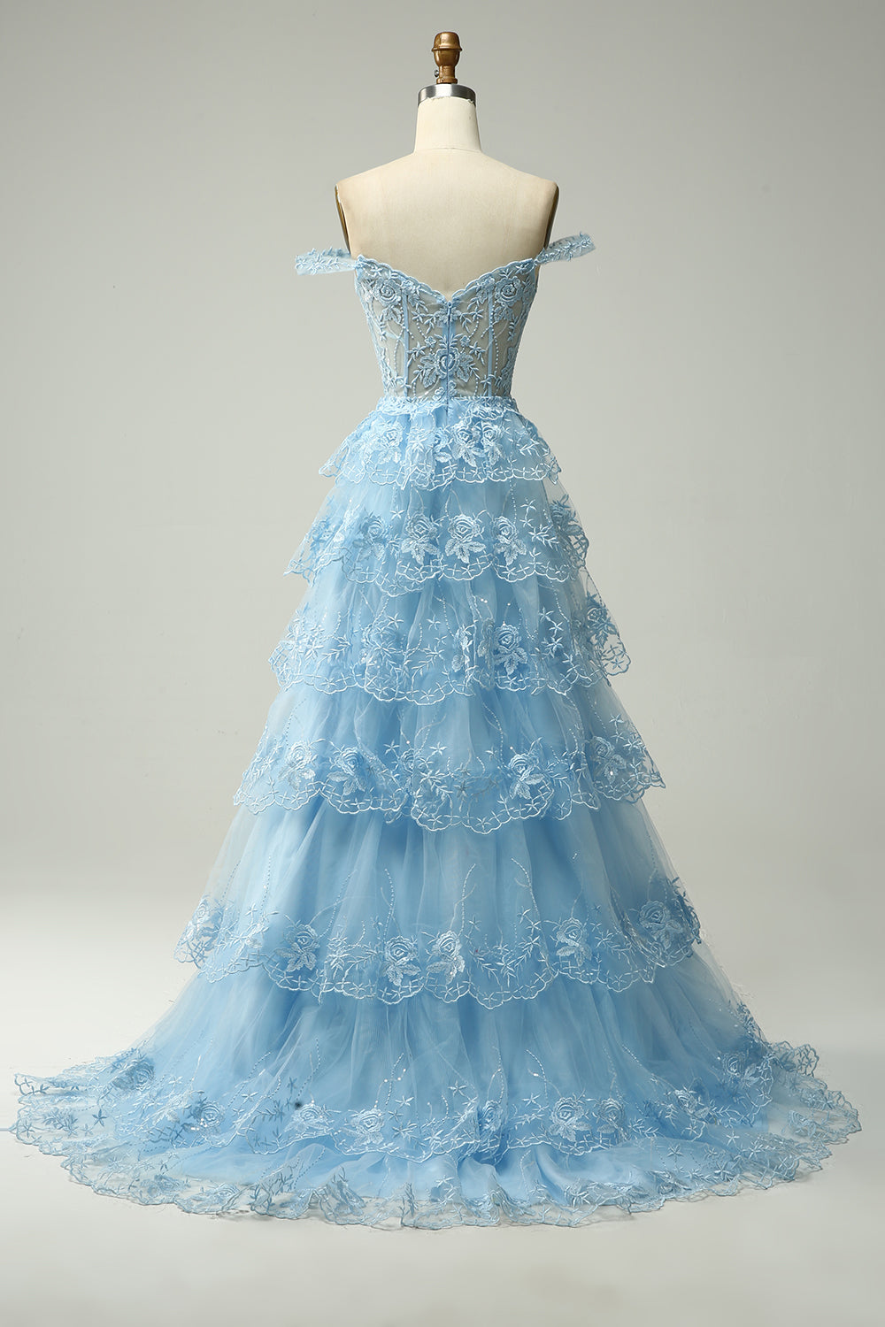 Línea A Fuera del Hombro Azul Vestido de Fiesta Con Apliques