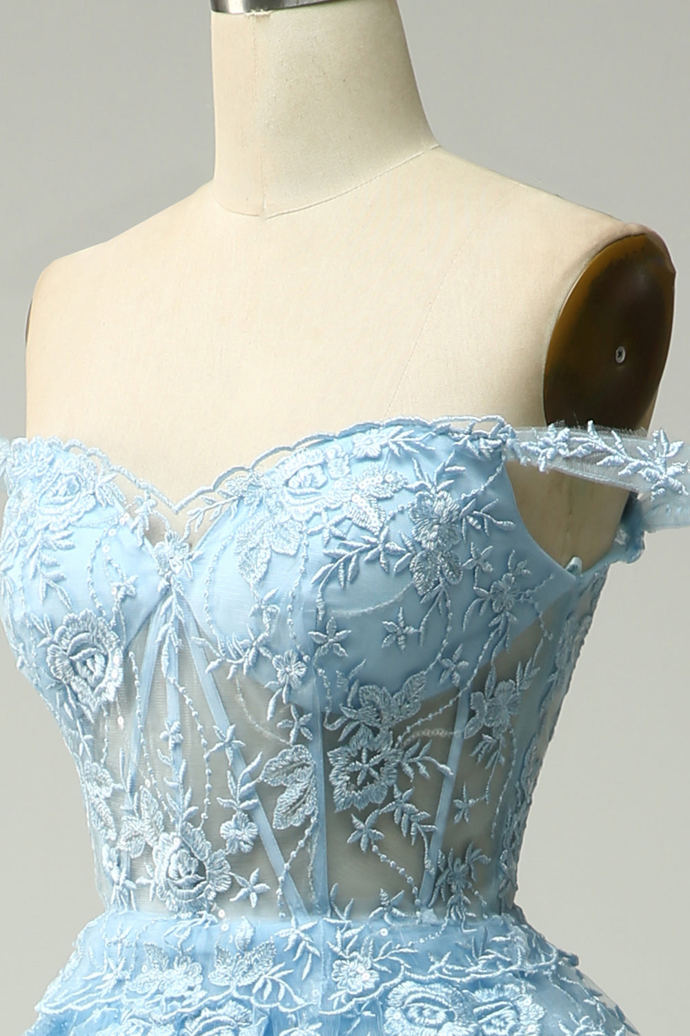 Línea A Fuera del Hombro Azul Vestido de Fiesta Con Apliques