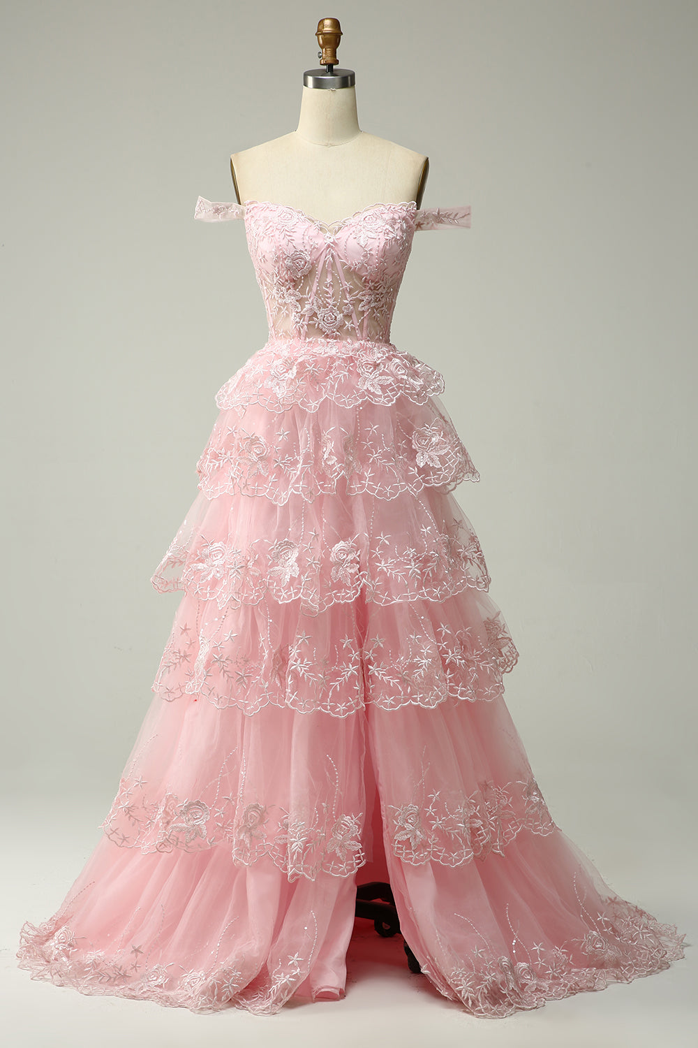 Línea A Fuera del Hombro Rosa Vestido de Graduación Con Apliques