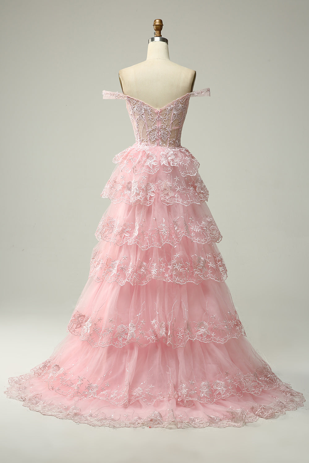 Línea A Fuera del Hombro Rosa Vestido de Graduación Con Apliques