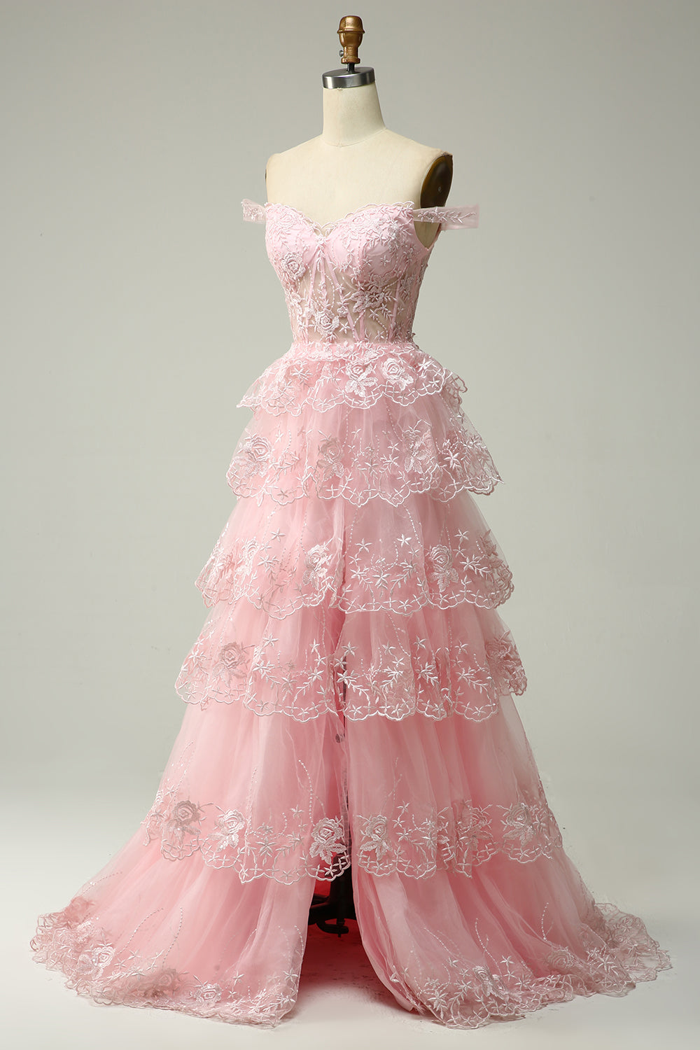 Línea A Fuera del Hombro Rosa Vestido de Graduación Con Apliques