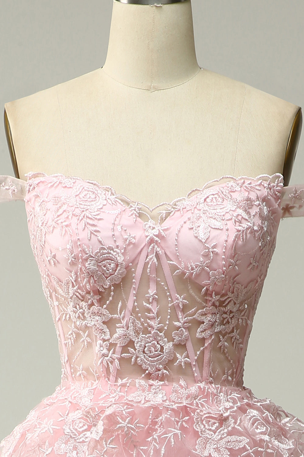 Línea A Fuera del Hombro Rosa Vestido de Graduación Con Apliques
