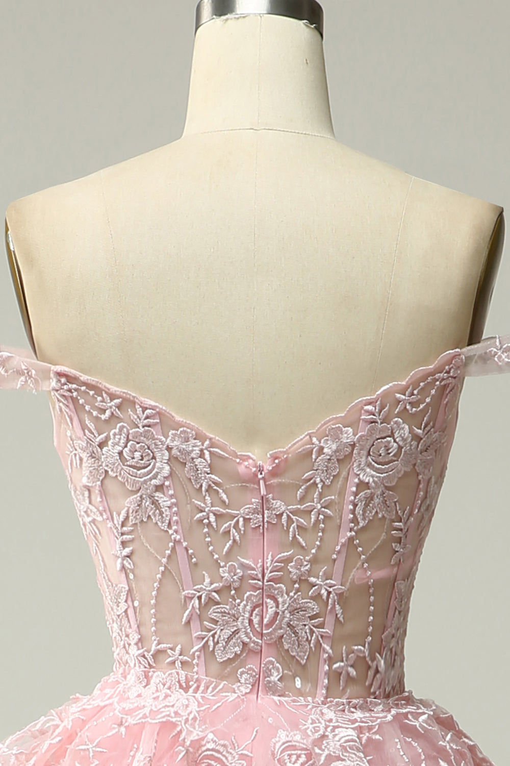 Línea A Fuera del Hombro Rosa Vestido de Graduación Con Apliques